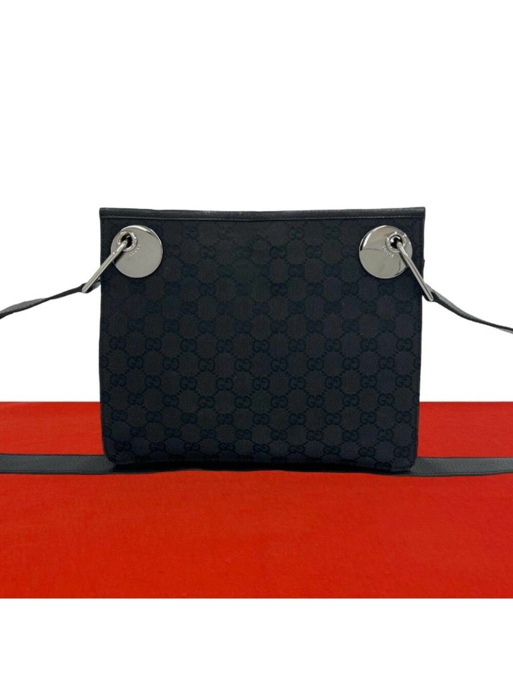Gucci Vintage Logo GG Canvas Leather Shoulder Bag Pocket Crossbody Black